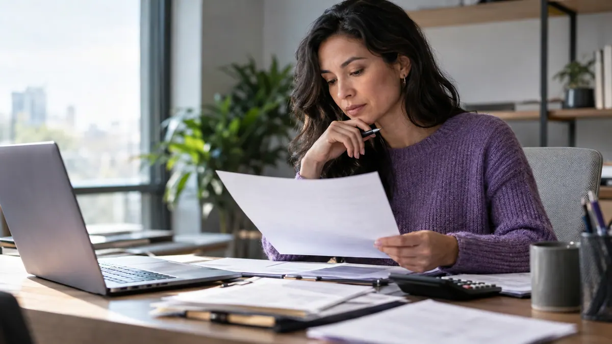 Finance professional reviewing an invoice beside an accounting workstation.