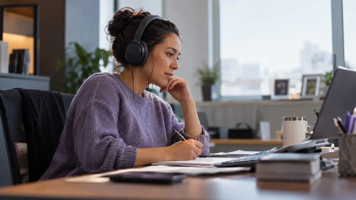 Quality supervisor listening through headphones while making review notes.