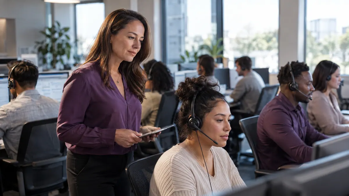 Contact center agents at workstations with a supervisor reviewing operations.