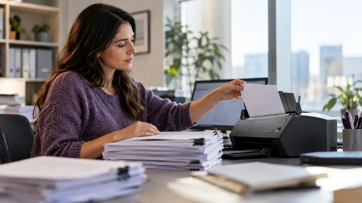 Office professional digitizing business documents with a desktop scanner.