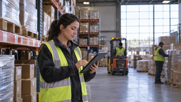 Logistics planner checking a tablet beside pallet shelving in a warehouse.