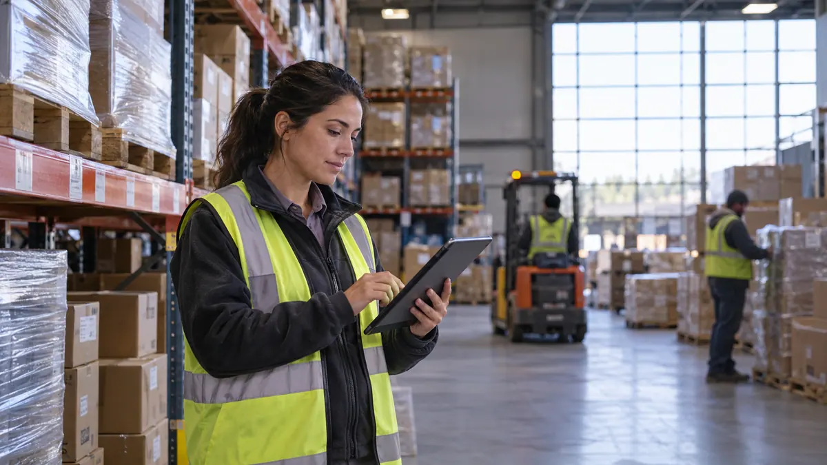 Logistics planner checking a tablet beside pallet shelving in a warehouse.