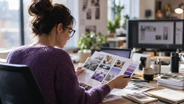 Marketing analyst reviewing campaign planning materials at a creative workspace.