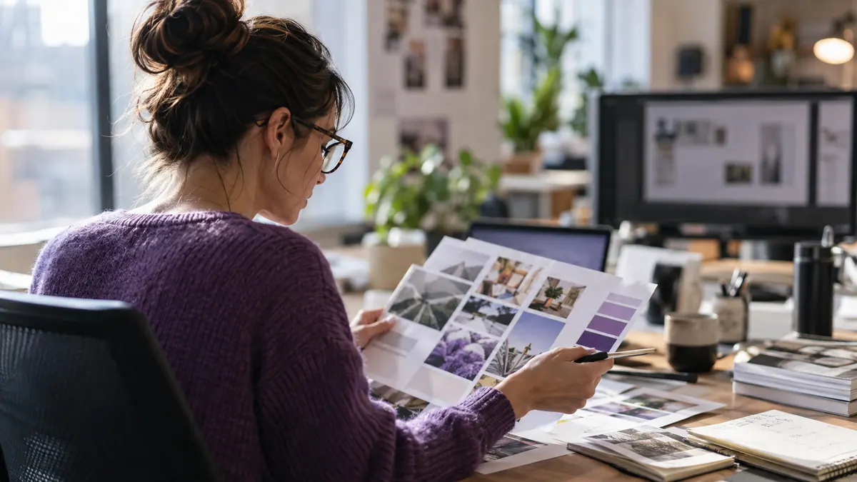 Marketing analyst reviewing campaign planning materials at a creative workspace.