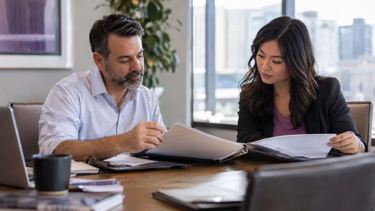 Purchasing colleagues comparing supplier quotation folders at a meeting table.