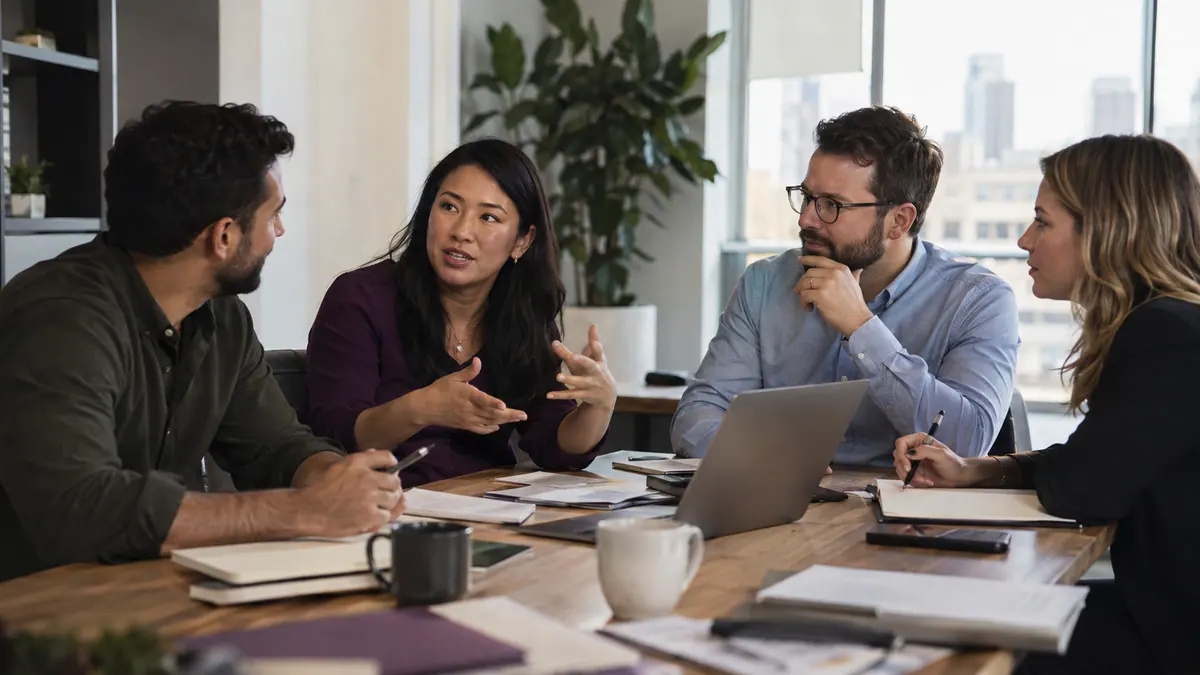 Professional services team discussing a client delivery plan at a meeting table.