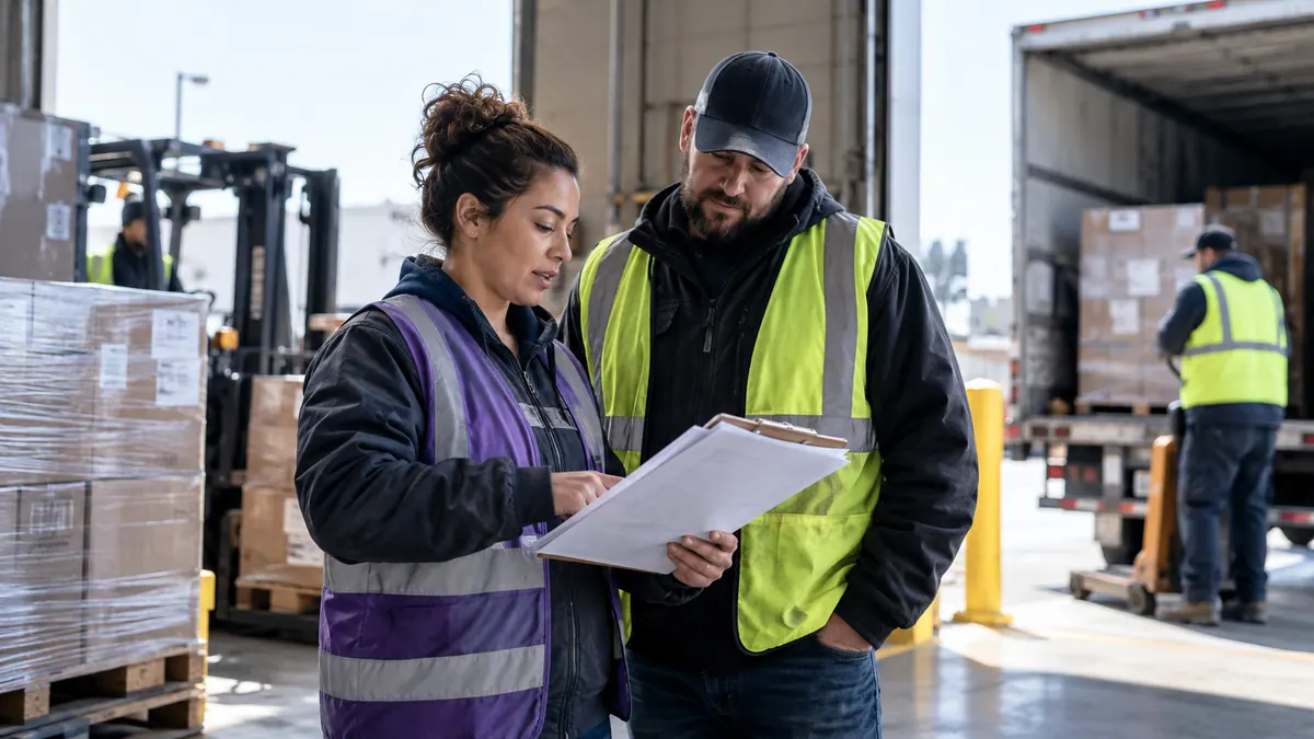 Distribution colleagues checking dispatch documents beside a warehouse loading area.