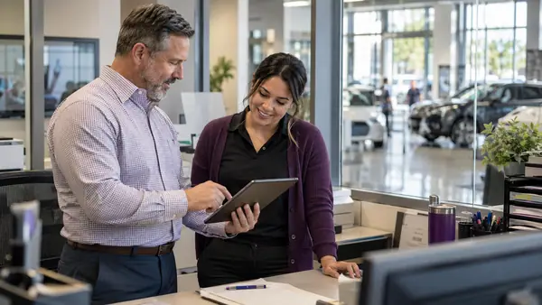 Area manager and location manager reviewing branch information on a tablet.