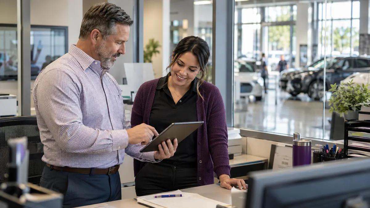 Area manager and location manager reviewing branch information on a tablet.